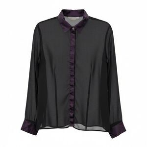 Tiramisu Women's Black Button Down Blouse Sheer Large